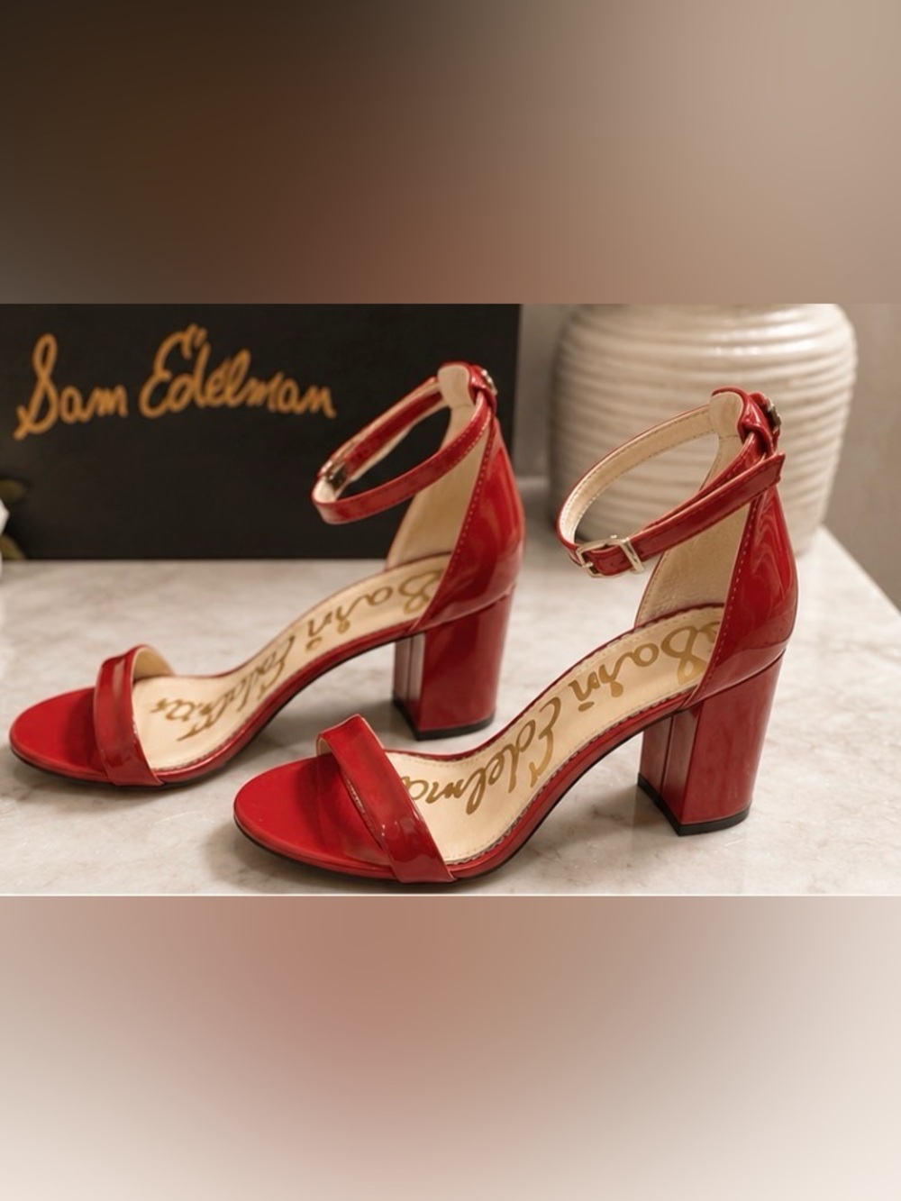 Sam Edelman Red Patent Ankle-Strap Block Heels